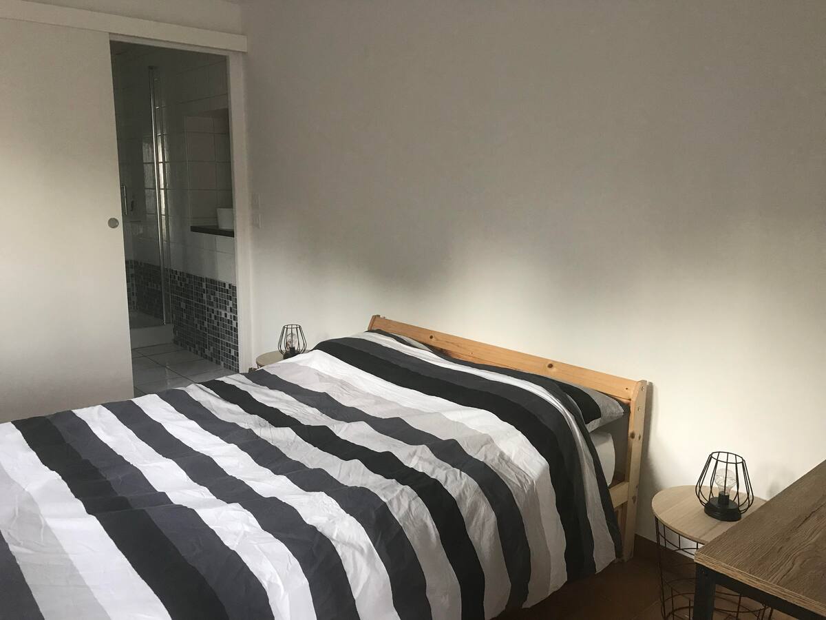 Le lit et la porte coulissante de la salle d'eau